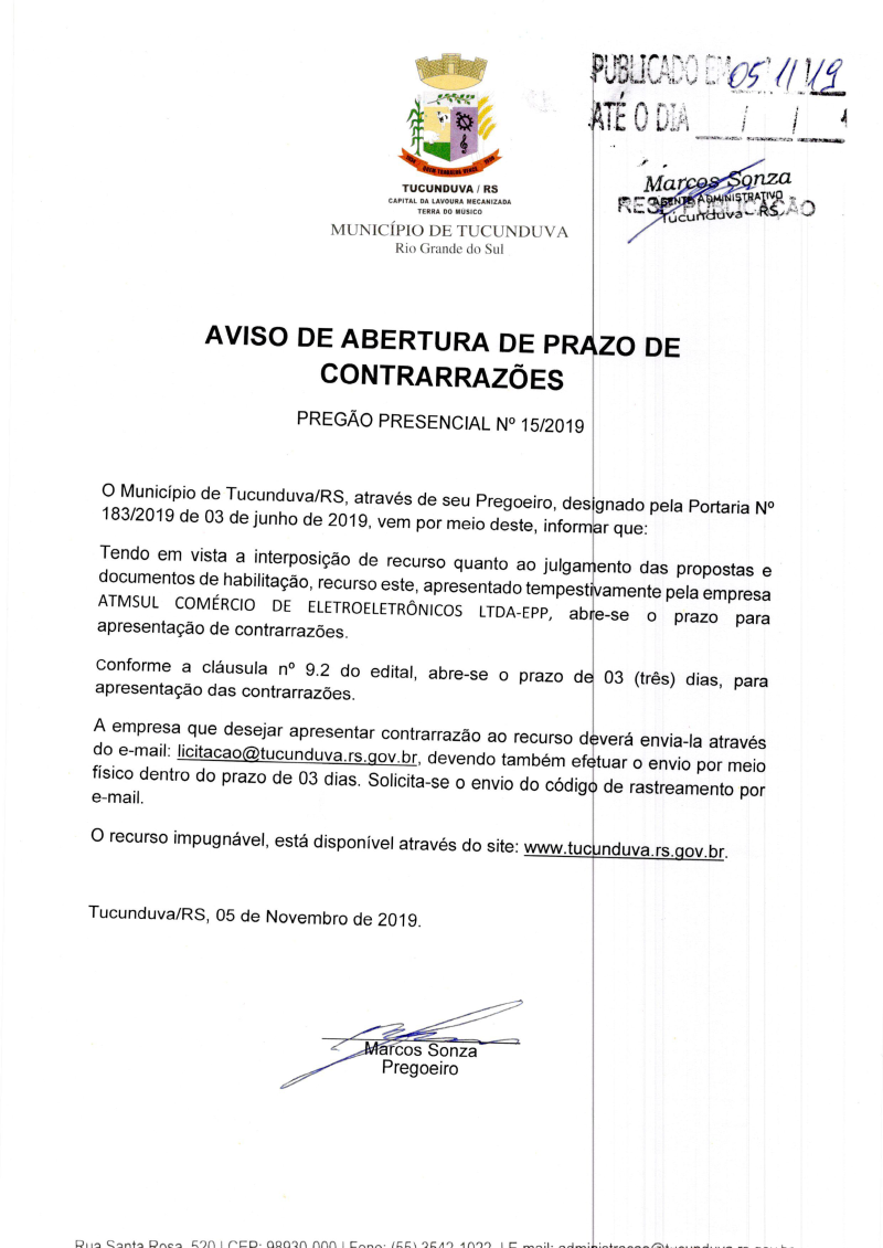AVISO DE ABERTURA DE PRAZO DE CONTRARRAZÕES PP 15_2019